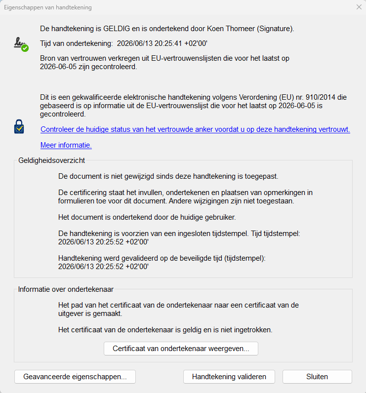 Adobe Acrobat affiche : signature valide, approuvée via les listes UE, qualifiée selon eIDAS, avec horodatage inclus.